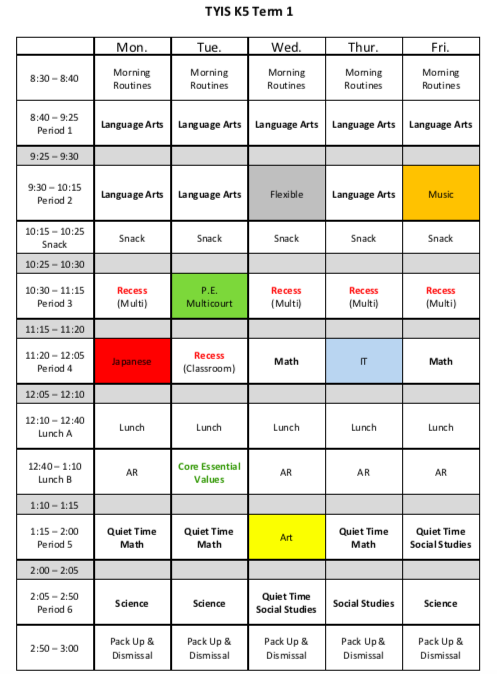 K5 Term 1 Timetable – Kindergarten Class